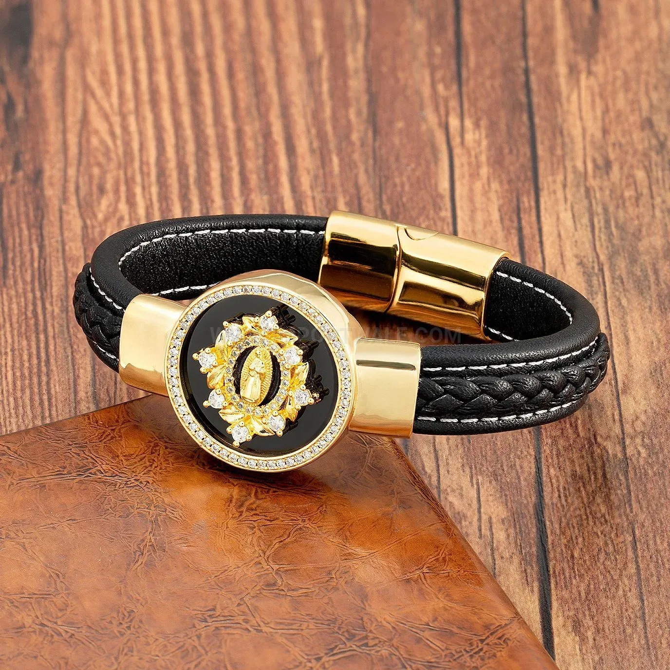 Vintage Religious Metallic Round Stone Braided Leather Clasp Bracelet