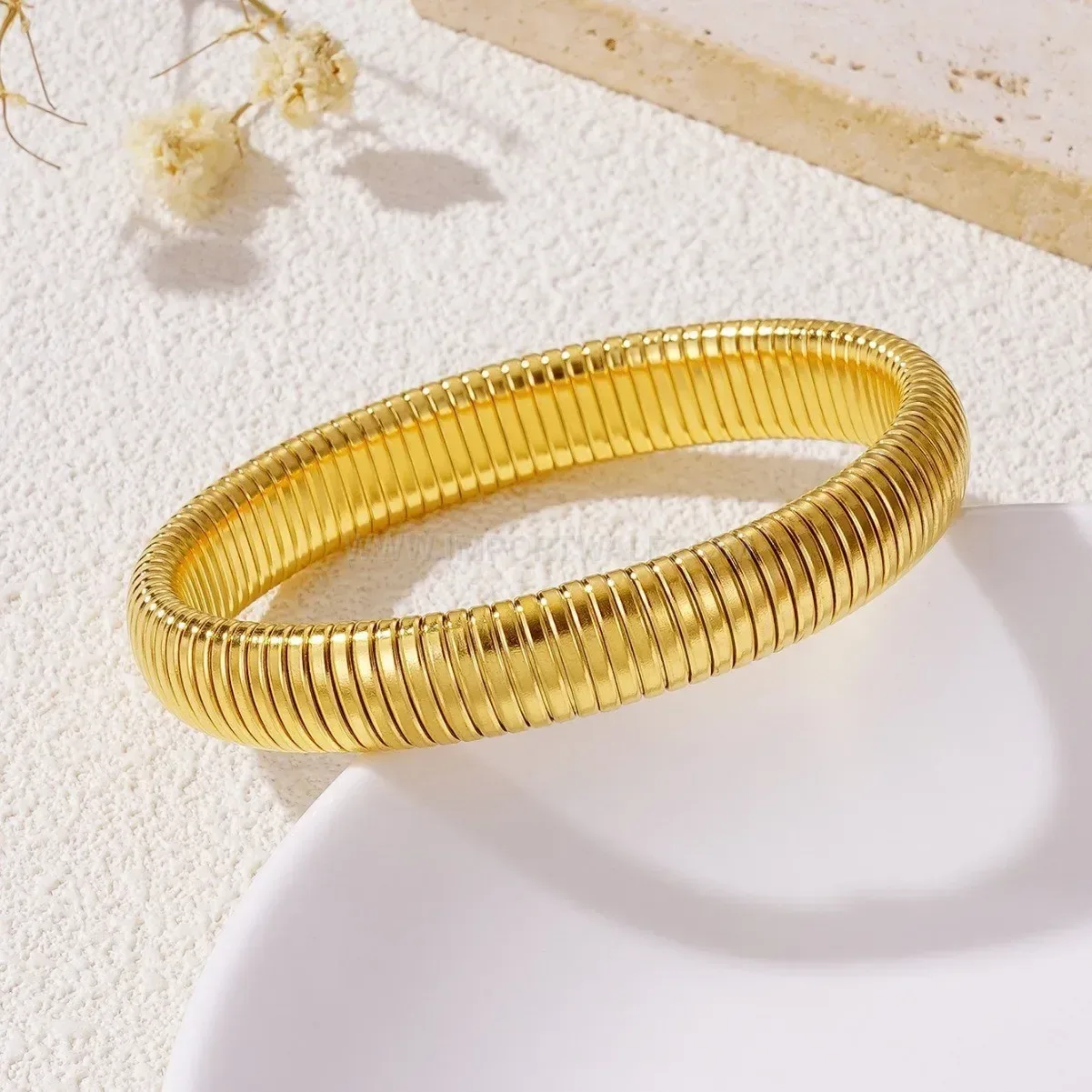Textured Gold Titanium Steel Flexible Bangle Bracelet