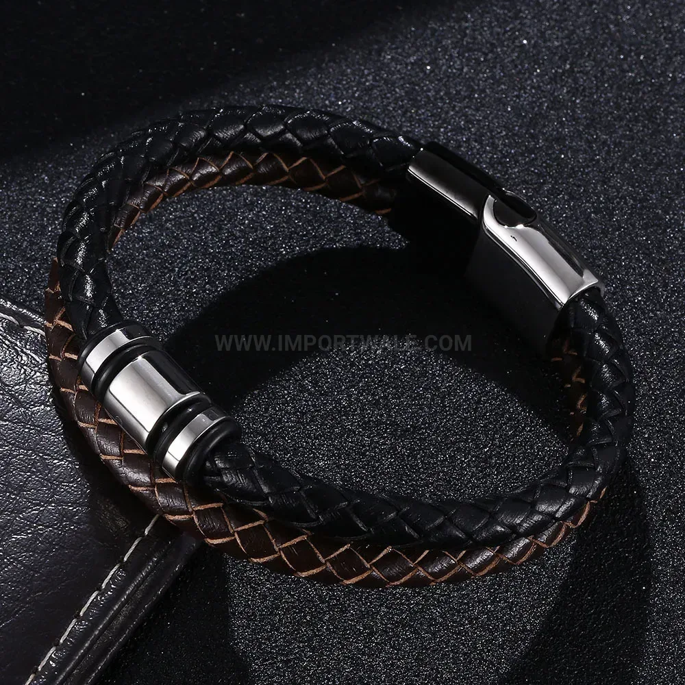 Multi Strand Leather Beaded Bracelet with Stainless Steel Details