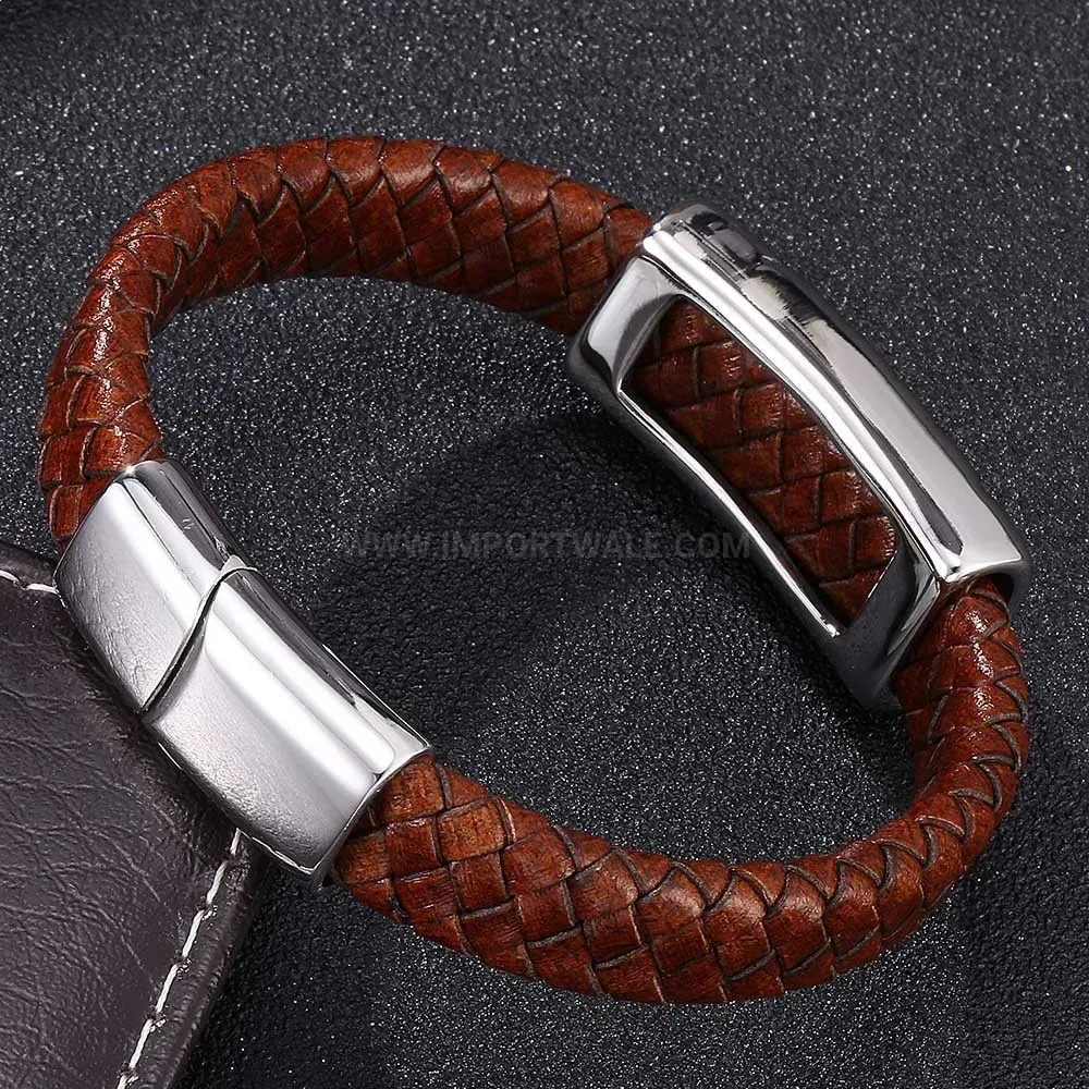 Classic Woven Brown Leather Wristband with Steel Hardware