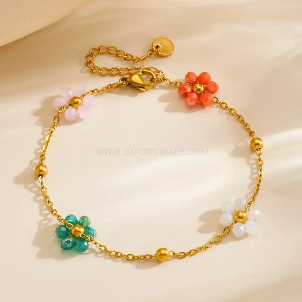 Floral Crystal Stainless Steel Chain Link Bracelet