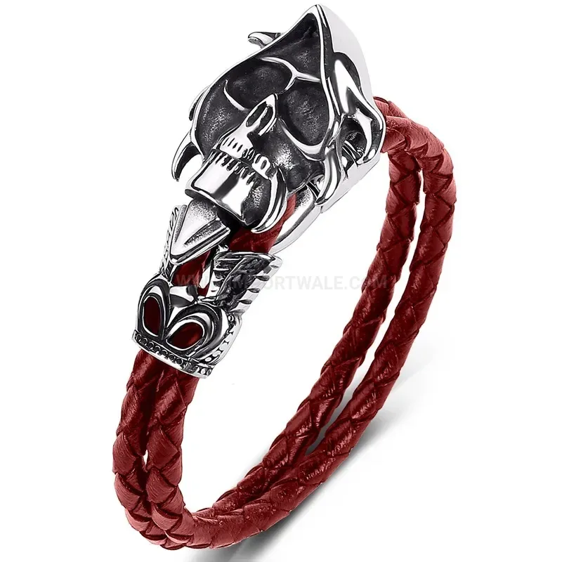 Premium Punk Style Leather Cord Bracelet with Stainless Steel Reaper Skull