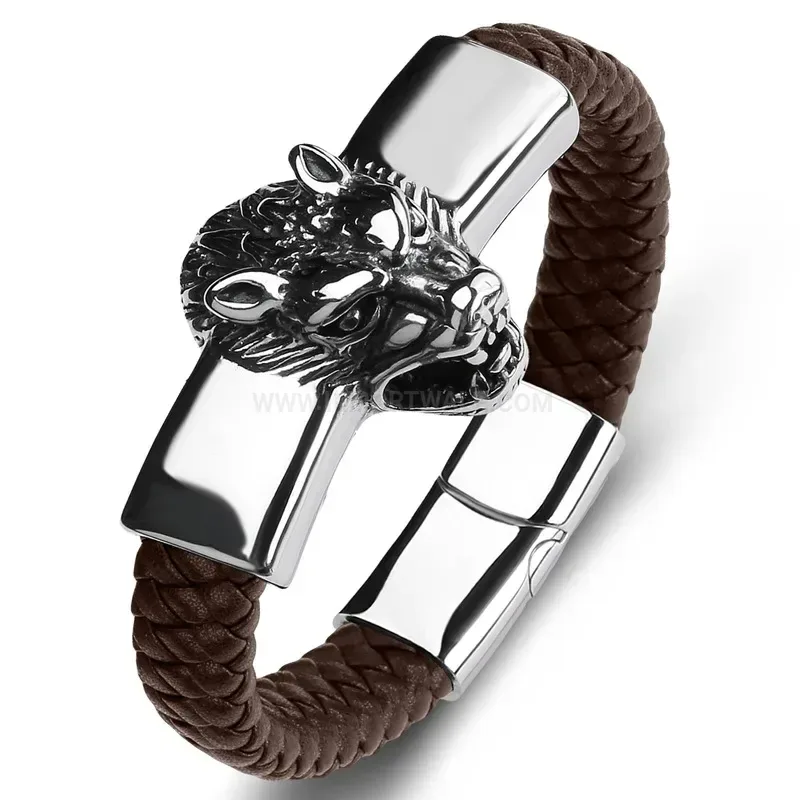 Bold Beast King Emblem Stainless Steel Leather Men Bracelet