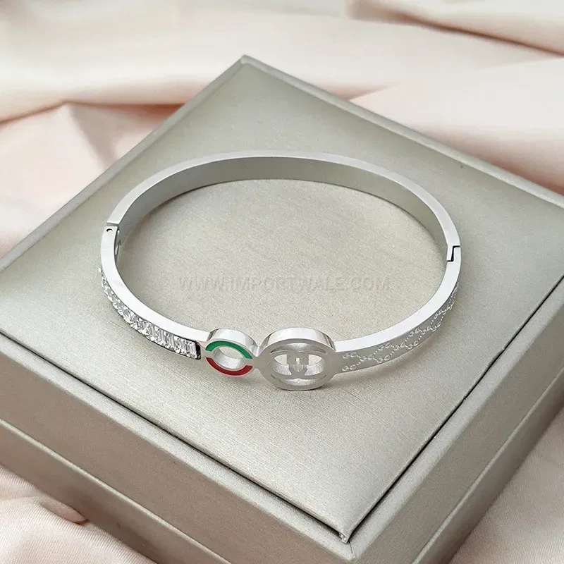 Designer Geometric Rhinestone Titanium Steel Bangle Bracelet