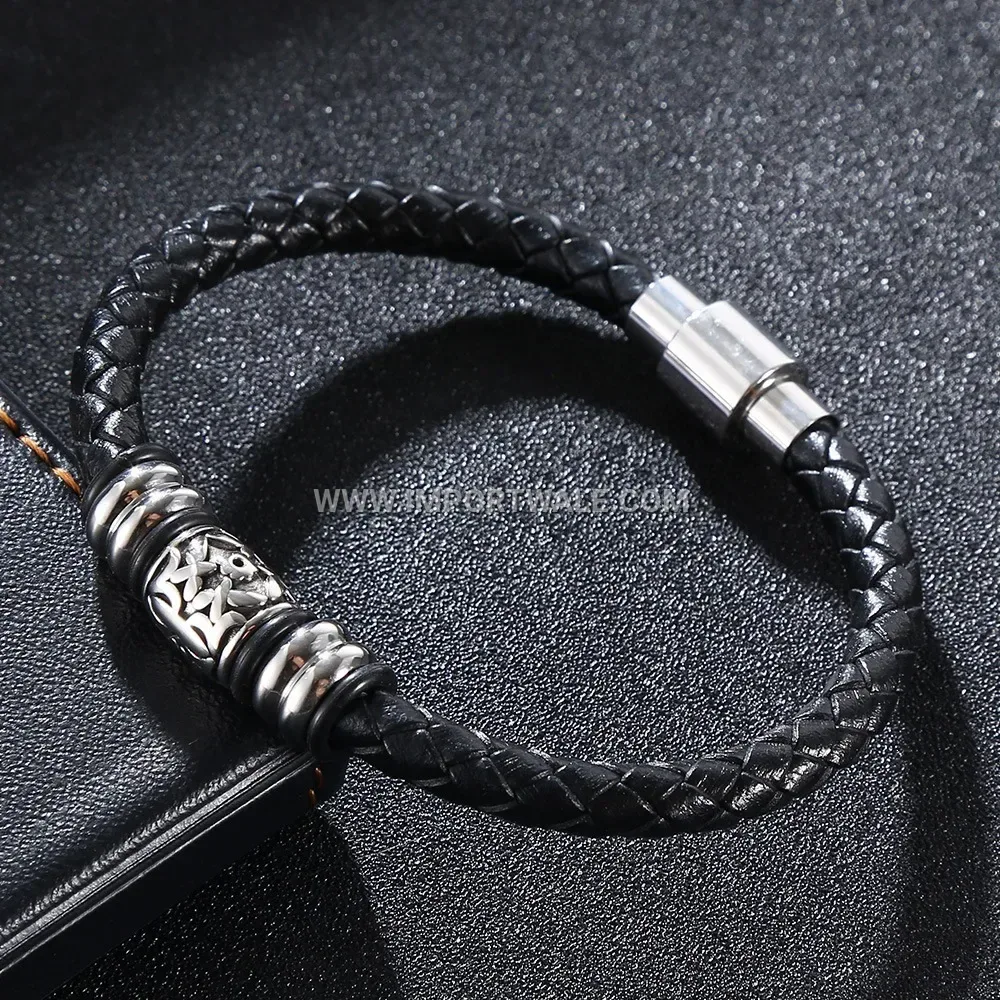 Woven Leather Band with Stainless Steel Magnetic Closure