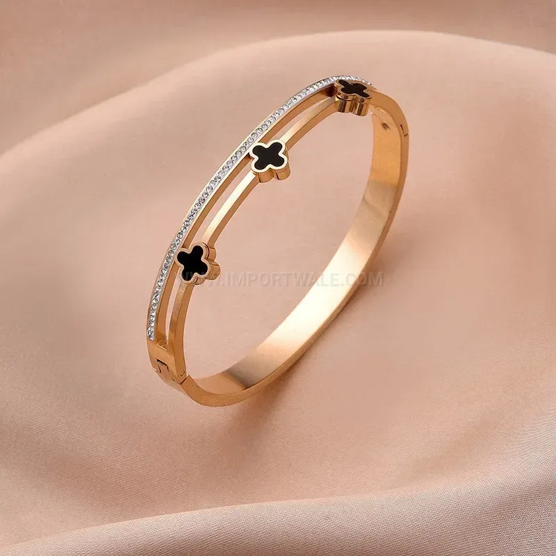 Designer Double Ring Four Leaf Clover Stainless Steel Bangle