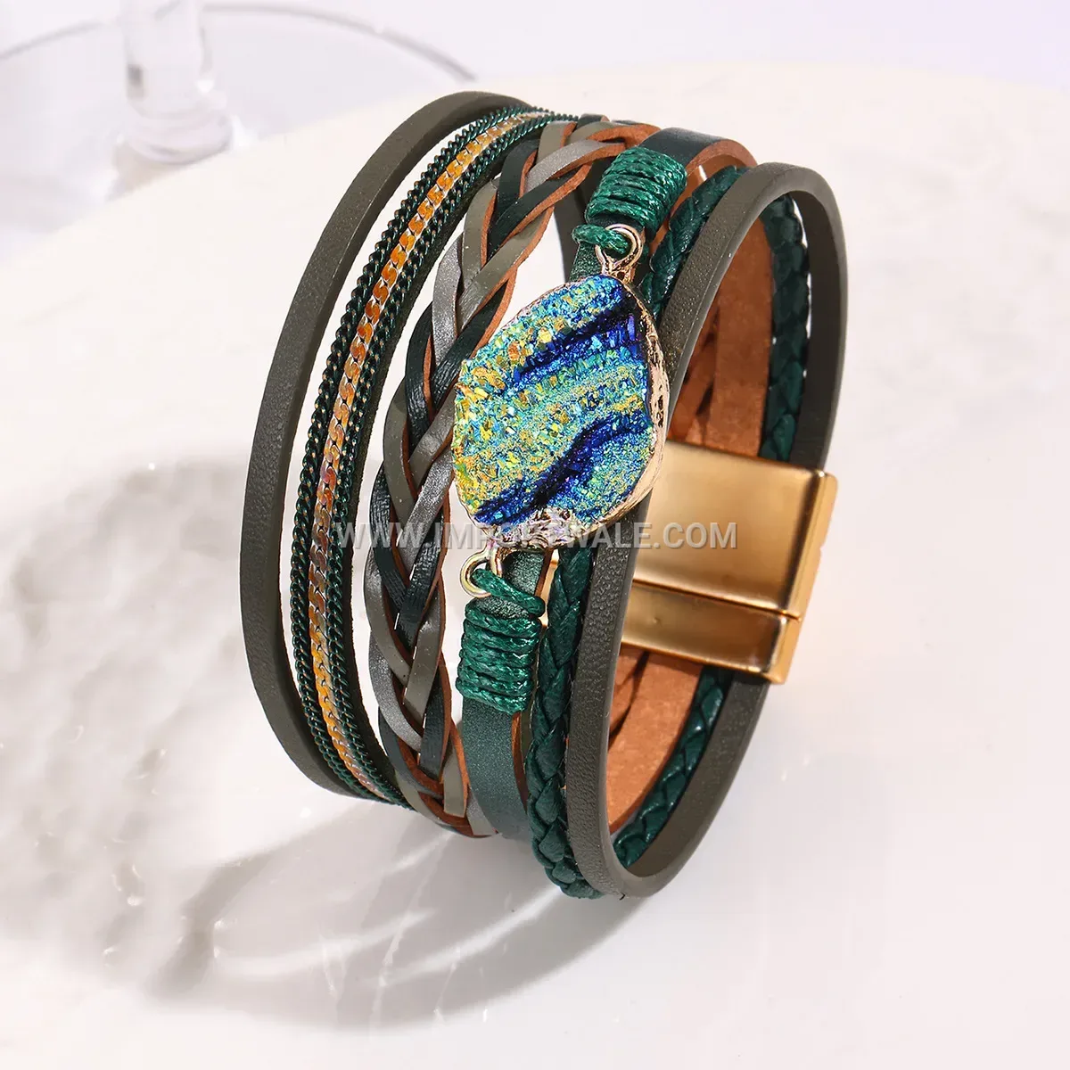 Bohemian Multi-Layer Faux Leather Rhinestone Bracelet with Magnetic Clasp