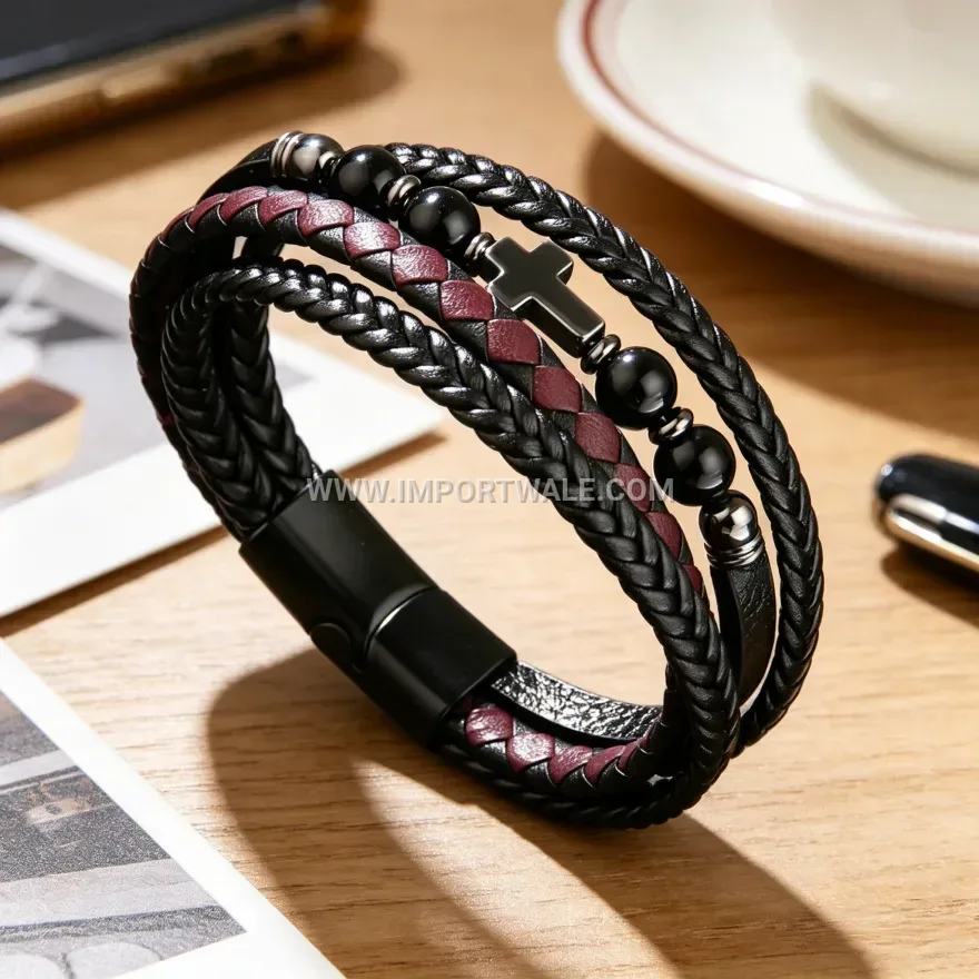 Natural Stone Beaded Leather Cross Wrap Bracelet