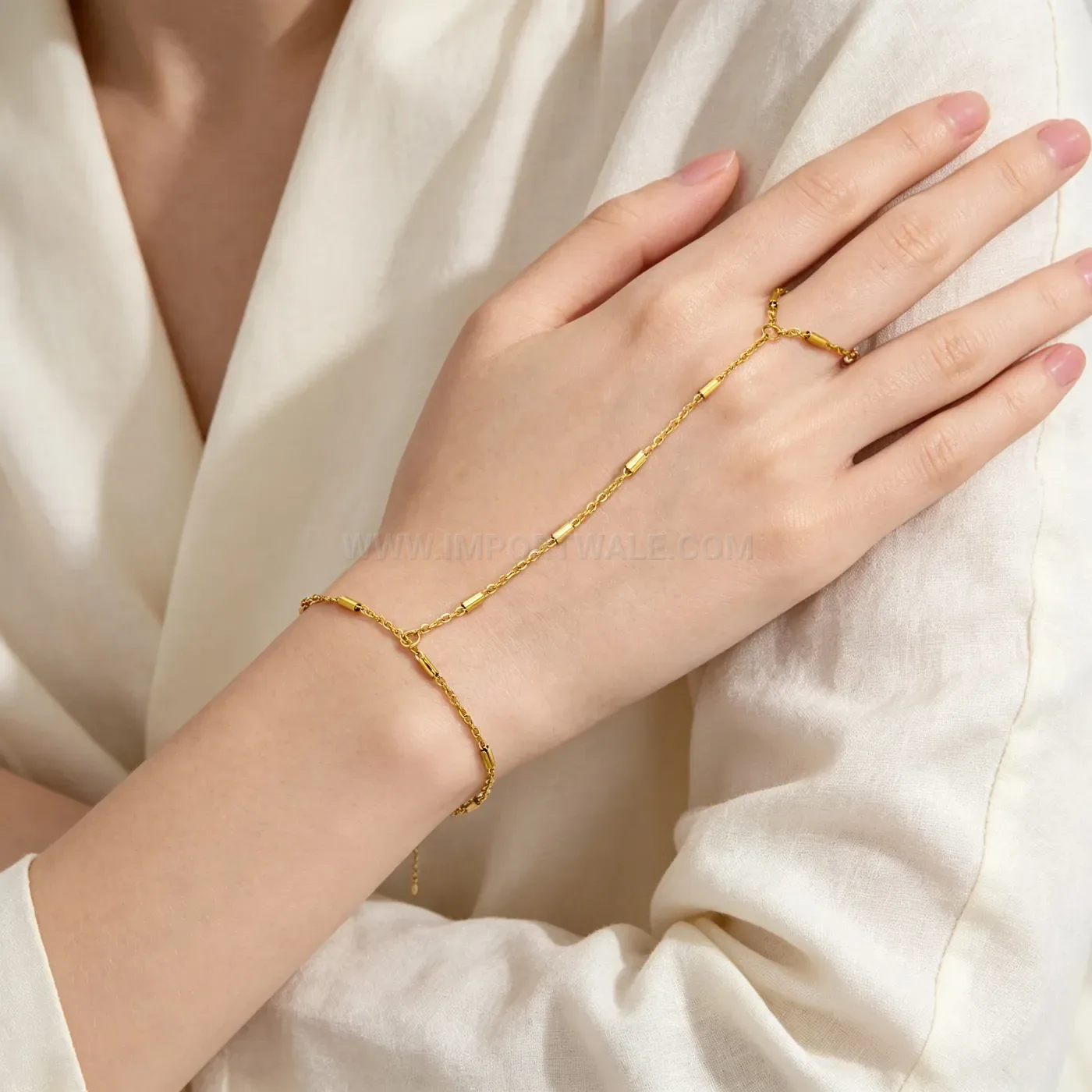 Multi Layer Bead Chain Gold Stainless Steel Hand Ring Bracelet