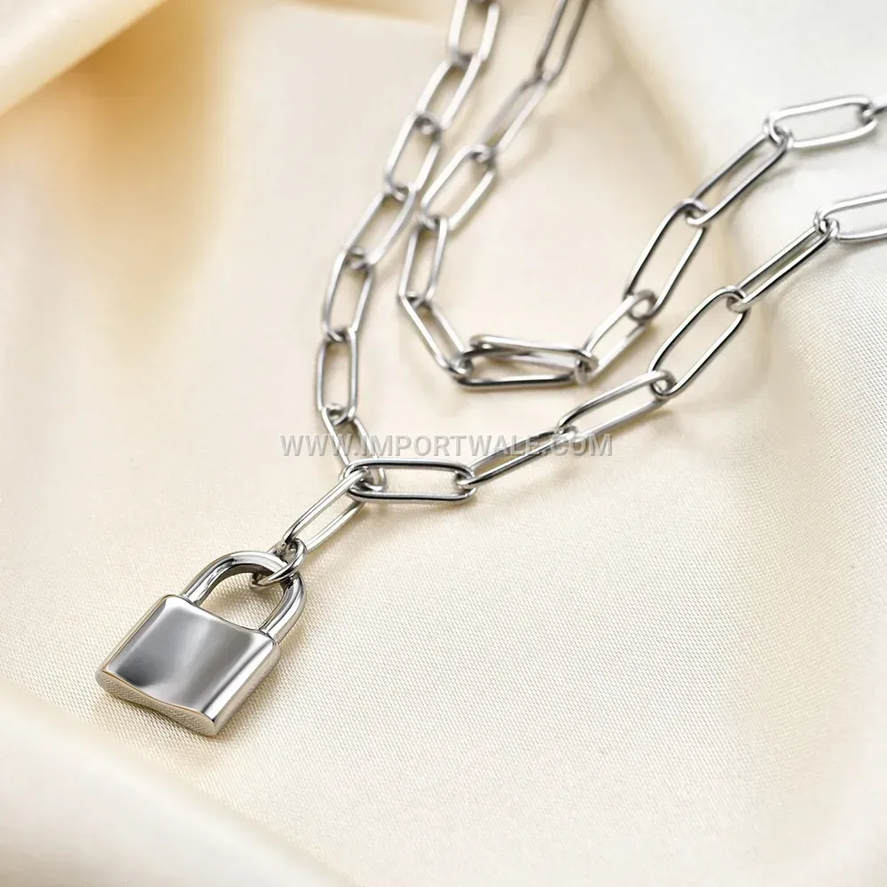 Stainless Steel Flat Cable Chain Padlock Pendant Necklace