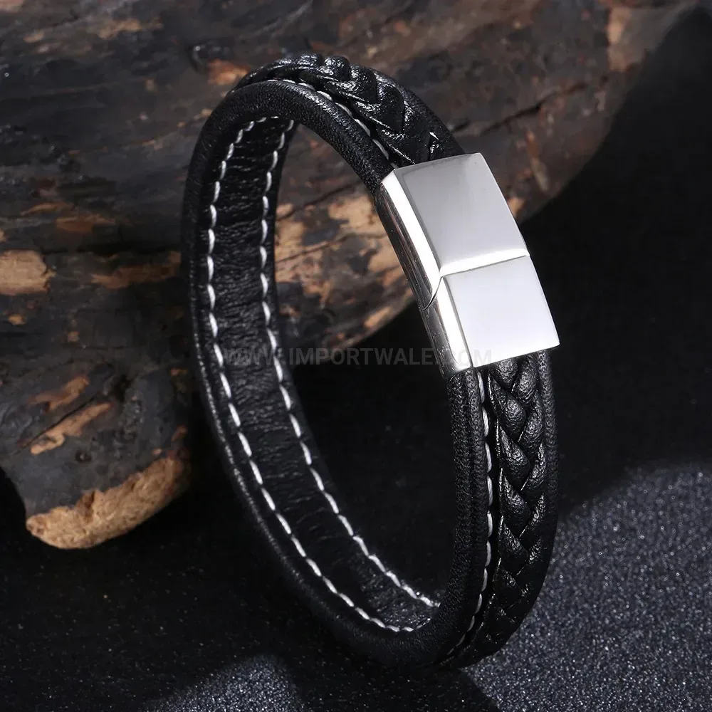 Textured Leather Bangle with Steel Magnetic Suction Clasp
