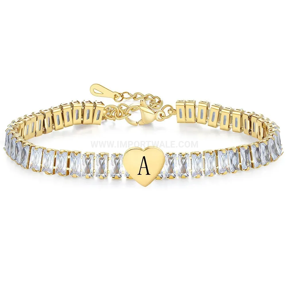 Cubic Zirconia Heart Alphabet Initial Stainless Steel Bracelet