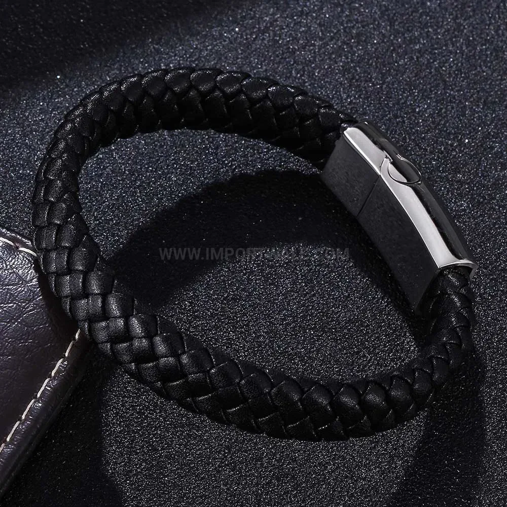 Mirror Finished Stainless Steel Woven Leather Cuff