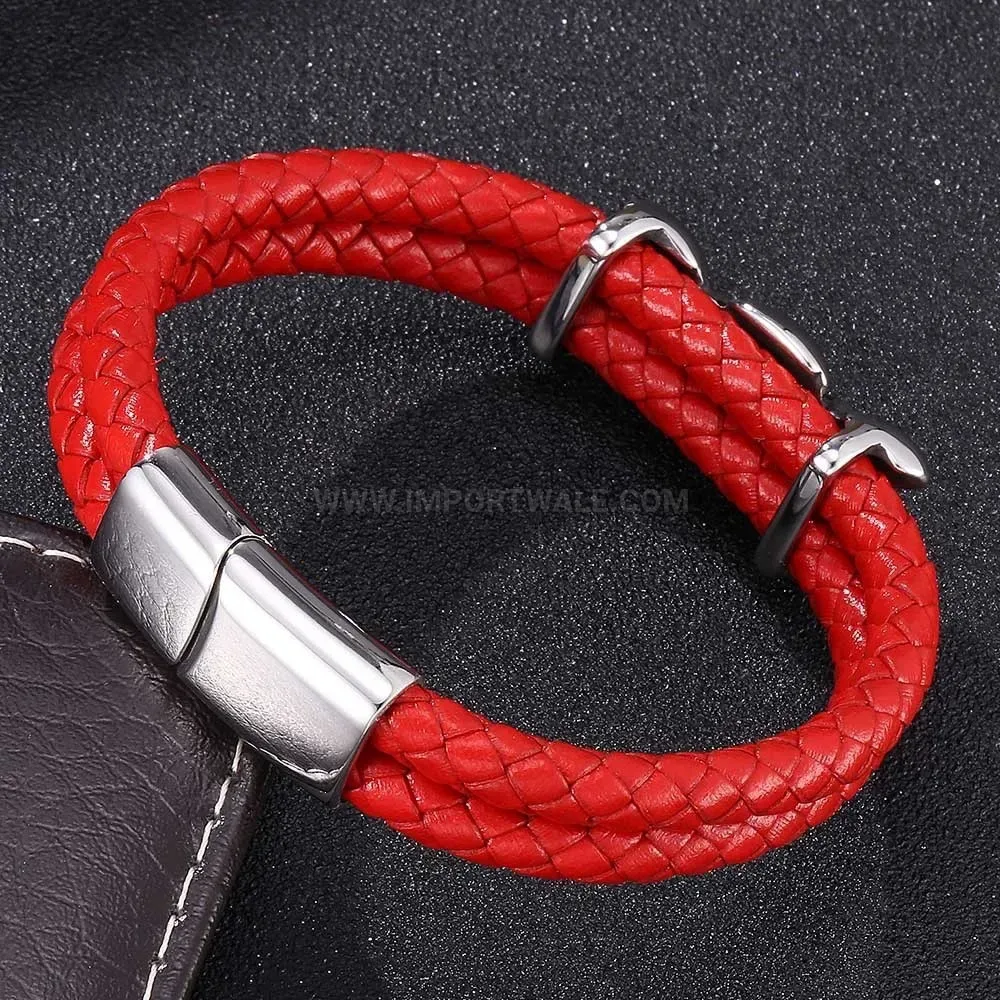 Woven Leather Magnetic Clasp Bracelet with Stainless Steel Detail