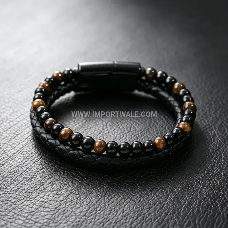Men Braided Leather and Natural Stone Bracelet with Magnetic Clasp
