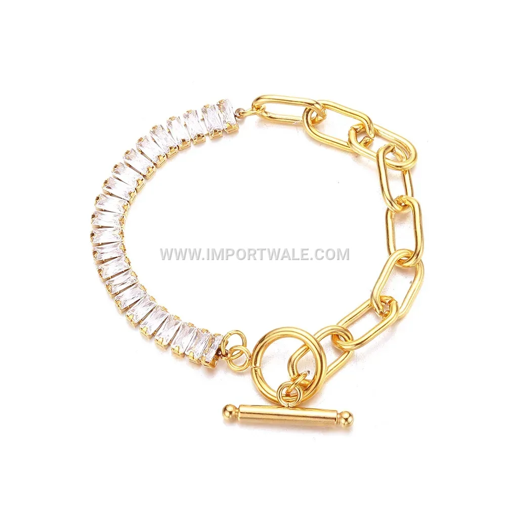 Gold Plated Titanium Steel Geometric Bracelet with Clear Zirconia