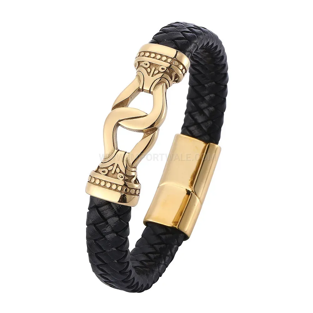 Woven Leather Bracelet with Stainless Steel Accents