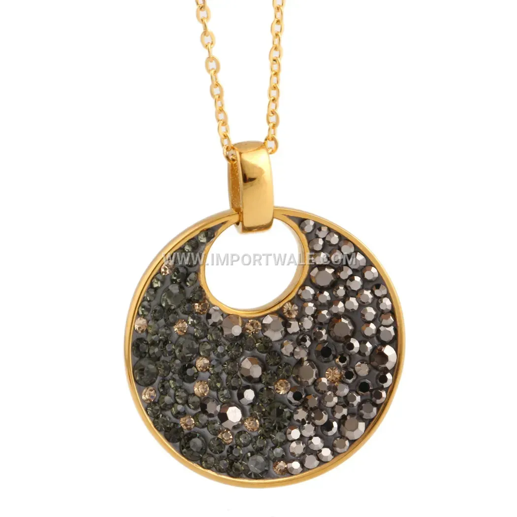 Vintage Hollow Round Stainless Steel Rhinestone Pendant Necklace