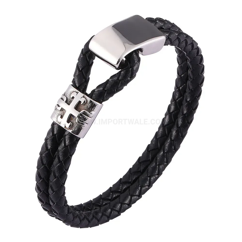 Braided Leather Hook Stainless Steel Mens Cuff Bracelet