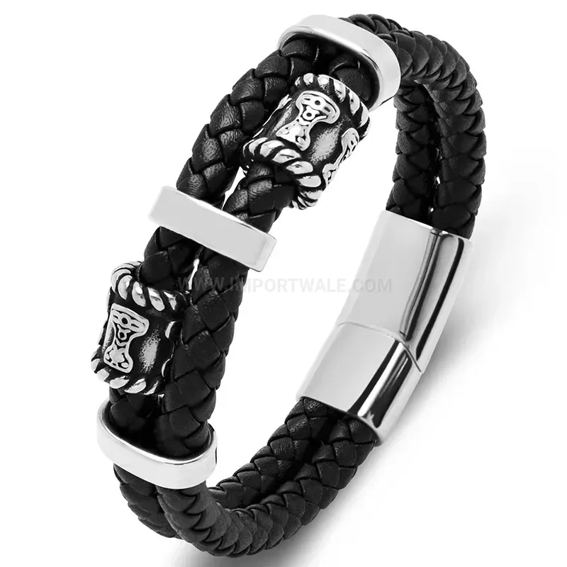 Trendy Vintage Style Stainless Steel Beaded Microfiber Leather Men Bracelet