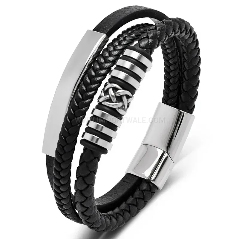 Bold Twisted Stainless Steel Bead Dual Color Leather Men Wristband