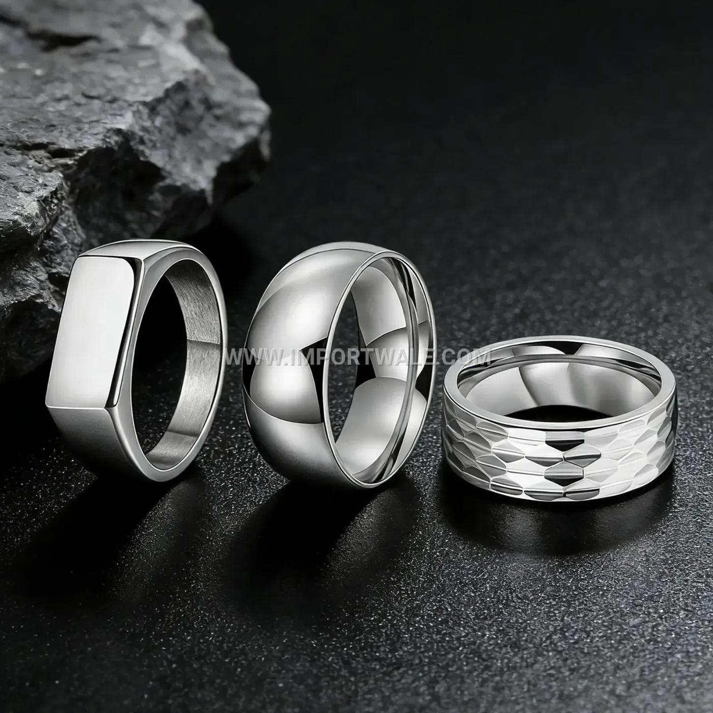 Geometric Hammered Stainless Steel Minimalist Square Ring Set