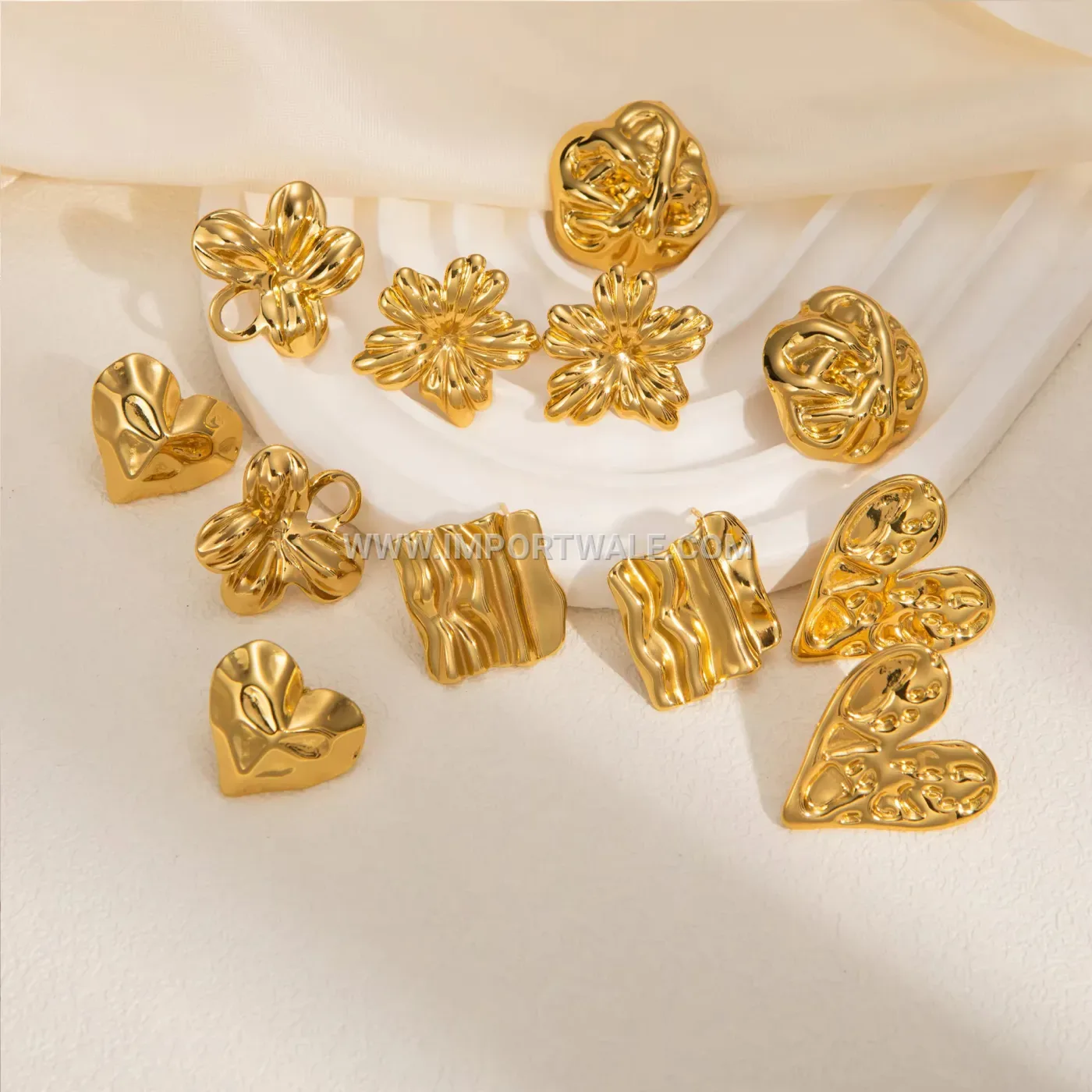 18K Gold Plated Textured Stainless Steel Geometric Stud Earrings