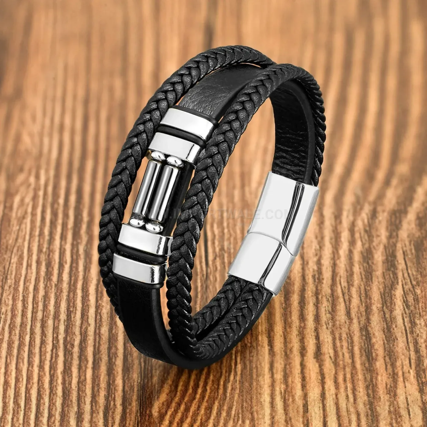 Vintage Braided Leather Stone Bracelet with Geometric Stainless Steel Clasp