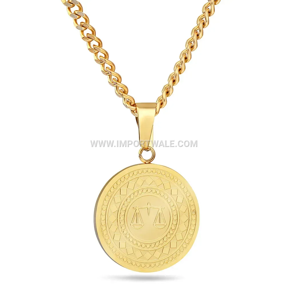 Gold Plated Stainless Steel Round Libra Zodiac Pendant Necklace