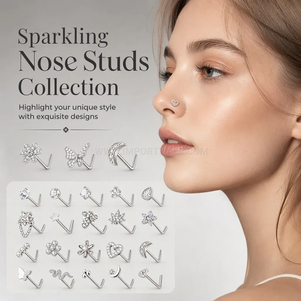 Classic Stainless Steel L-Shaped Sparkling Crystal Nose Piercing Set