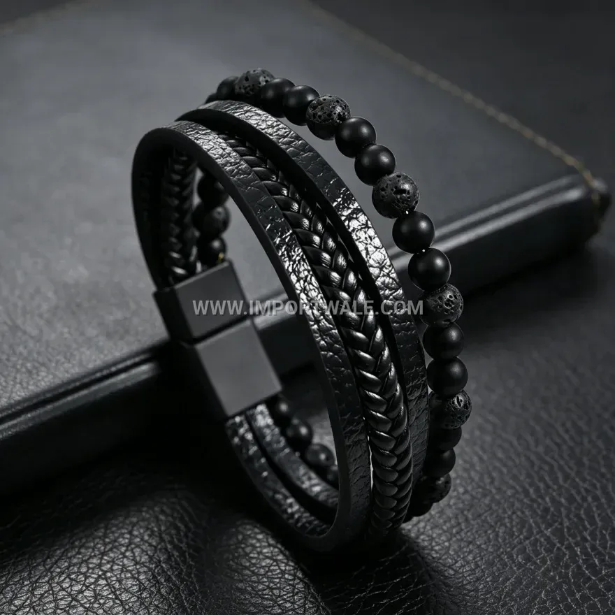 Multi-Strand Woven Leather Beaded Bracelet with Magnetic Clasp