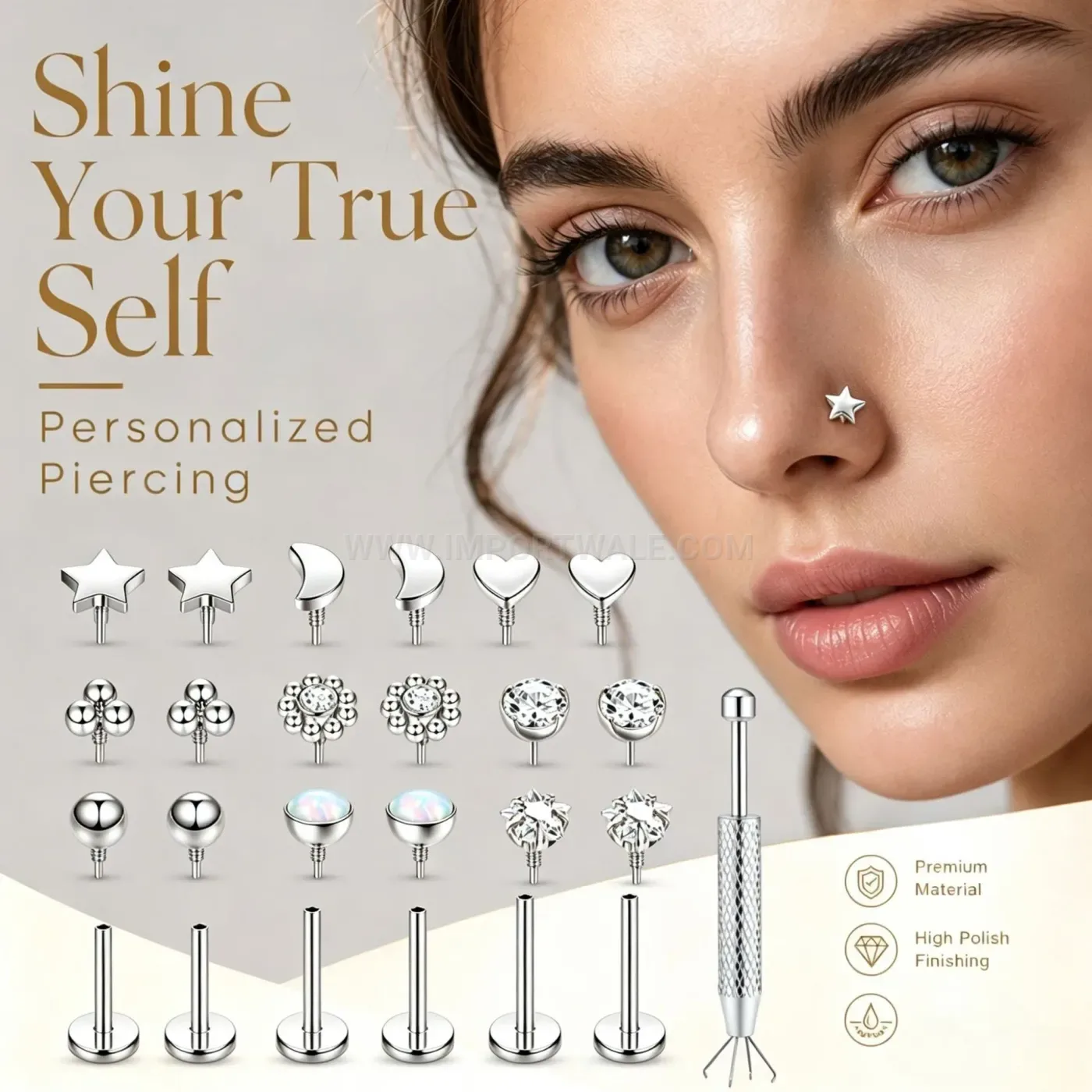 Classic Stainless Steel Flat Back Internal Thread Gemmed Nose Stud Piercing
