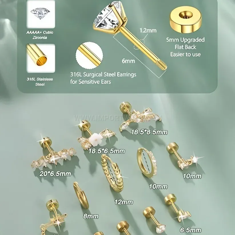 Trendy Cubic Zirconia Leaf Titanium Stainless Steel Cartilage Piercing Studs Set