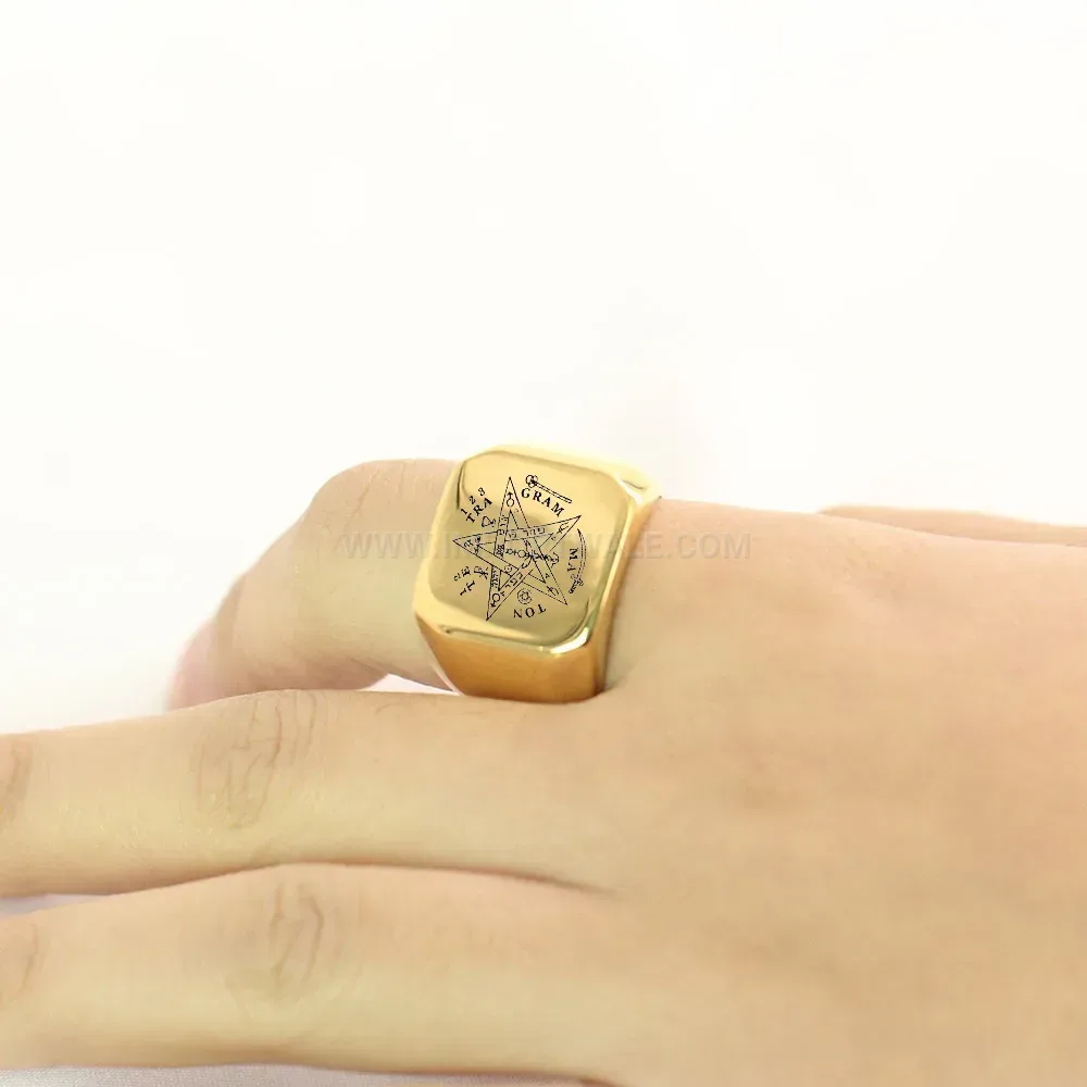 Trendy Engraved Star and Initial Stainless Steel Square Signet Ring