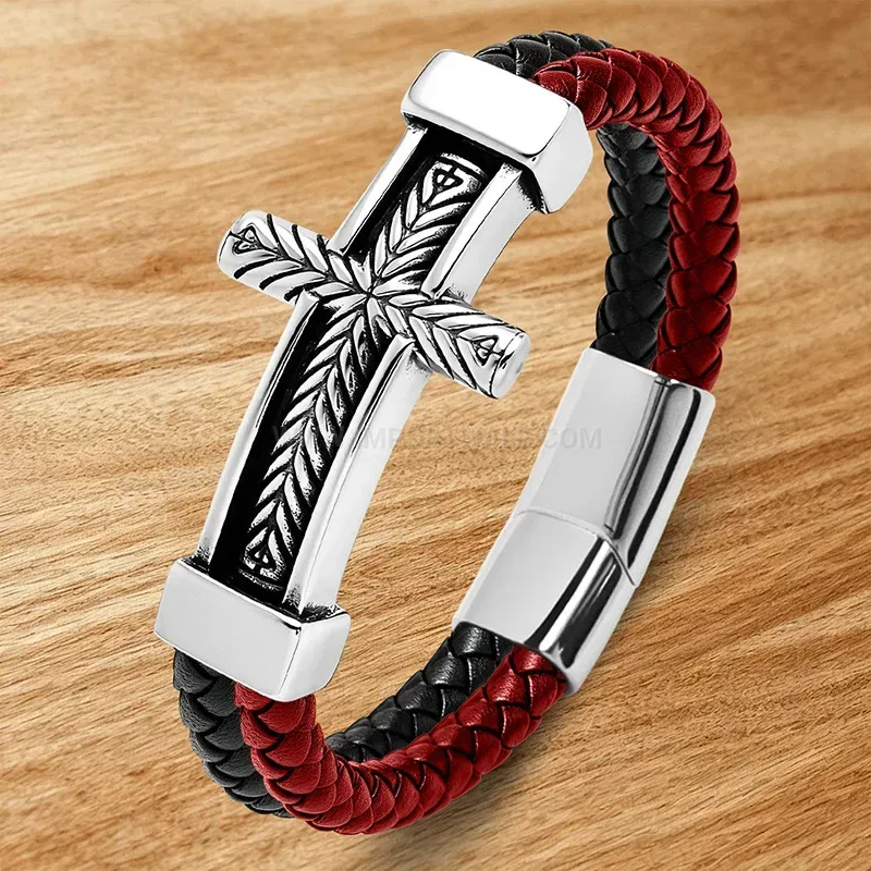 Elegant Cross Detail Two-Tone Woven Leather Men's Bracelet