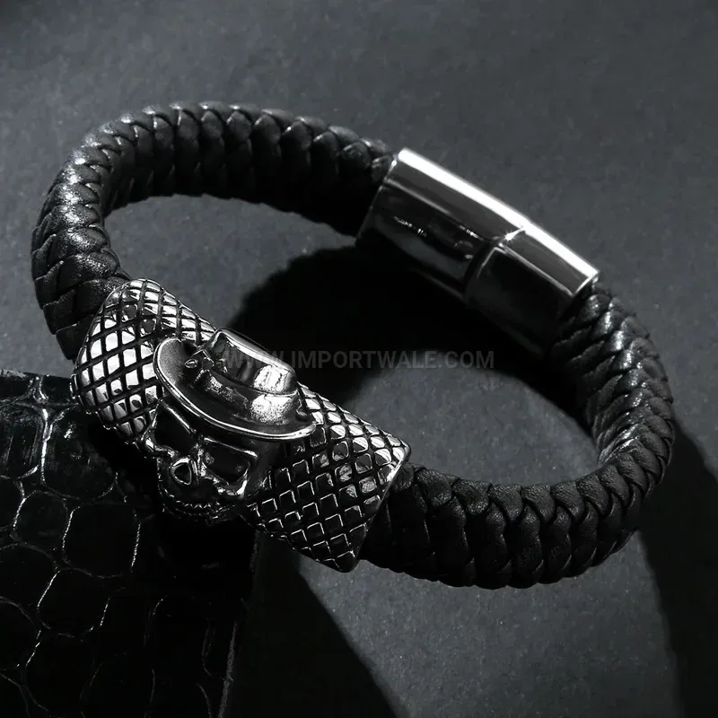 Textured Microfiber Leather Strap Bracelet with Stainless Steel Hooded Skull