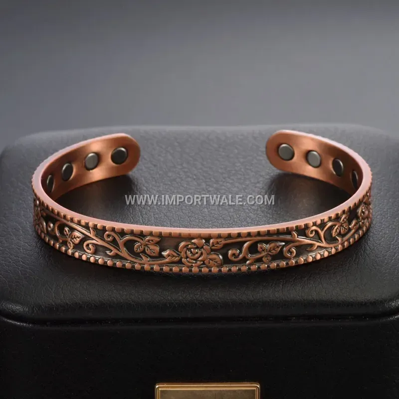 Antique Red Copper Floral Rose Motif Open Magnetic Cuff Bracelet