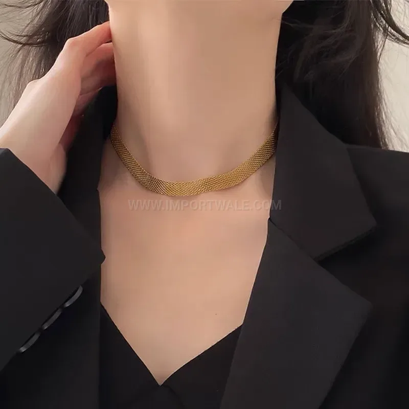 Premium Vintage Gold Titanium Steel Woven Chain Choker Necklace