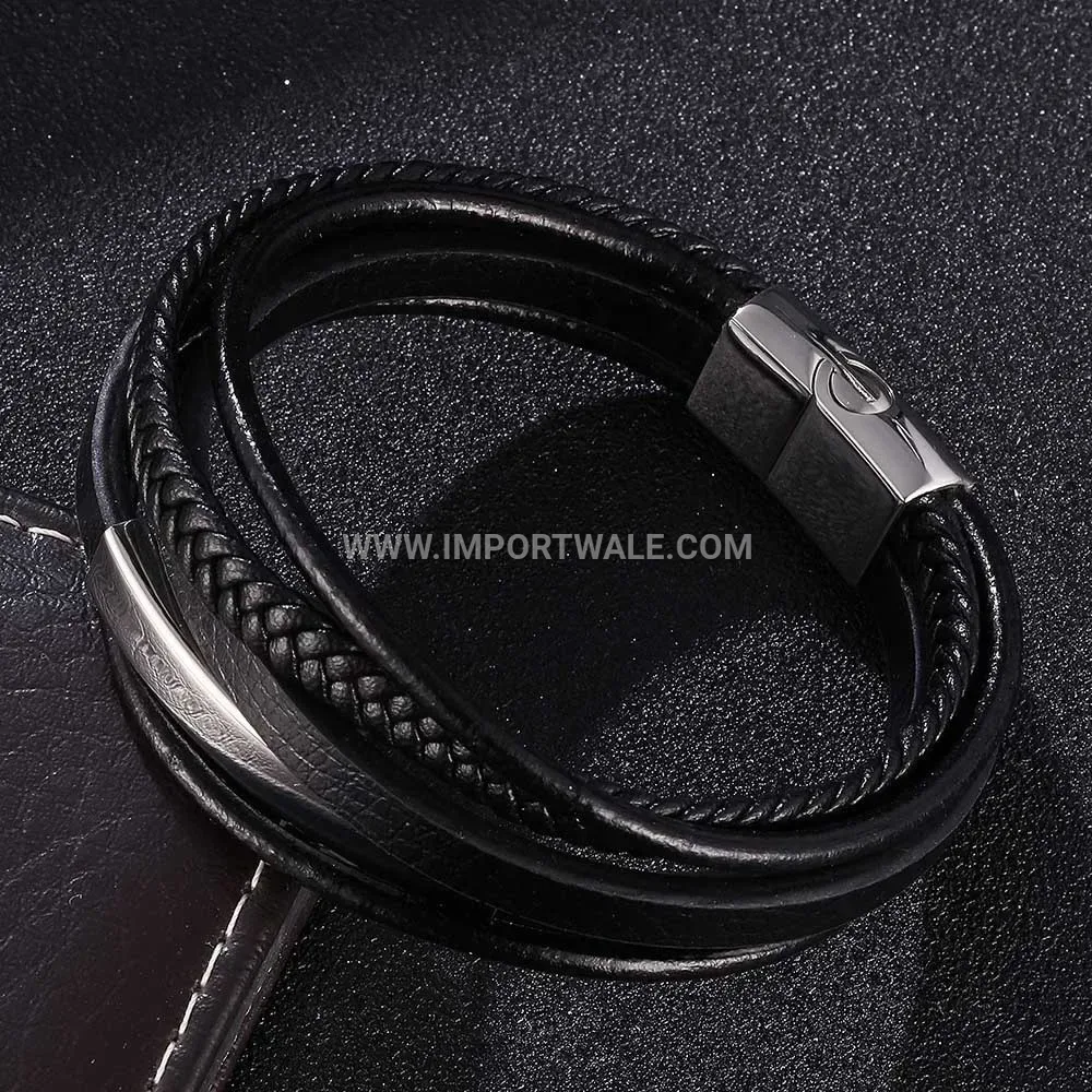 Layered Stainless Steel Curved Tube and Leather Men's Bracelet