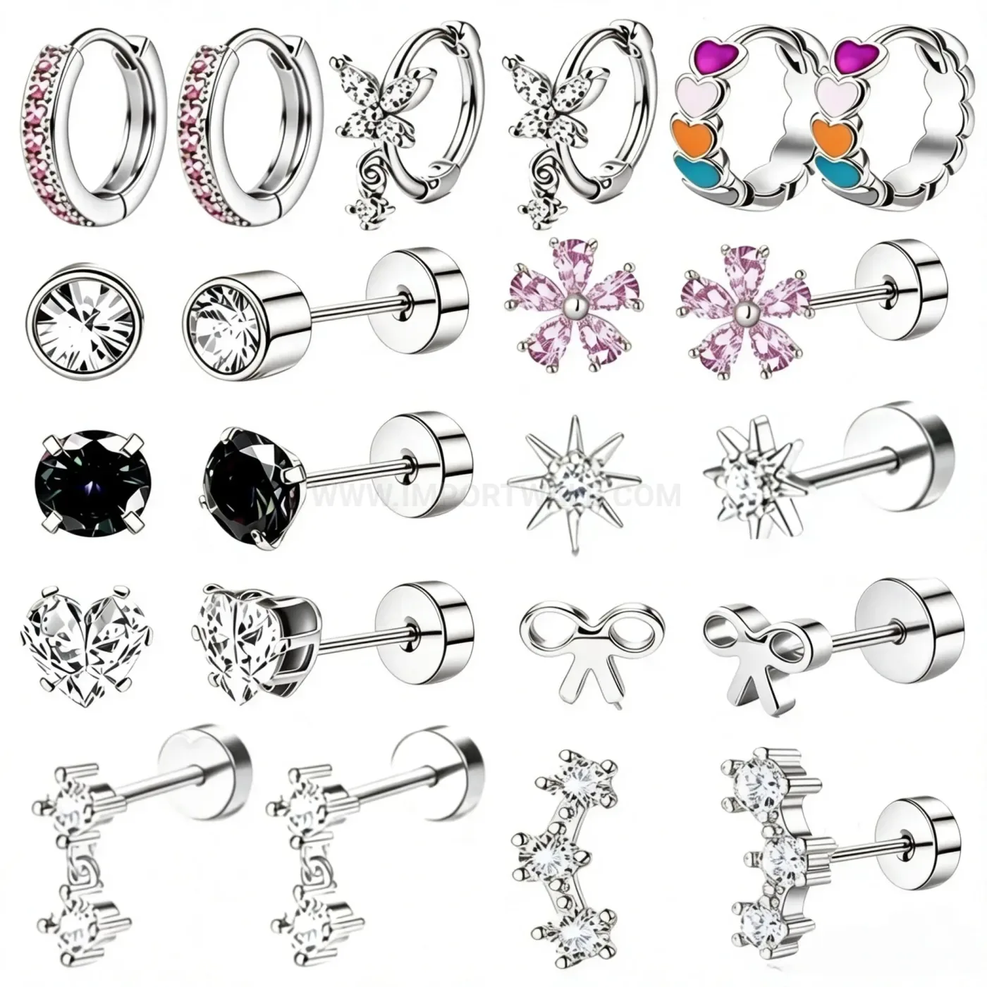 Chic Multicolor Cubic Zirconia Stainless Steel Cartilage Earring Set