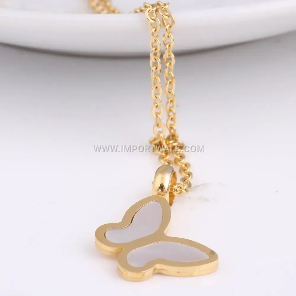 Gold Stainless Steel Shell Inlaid Butterfly Pendant Necklace