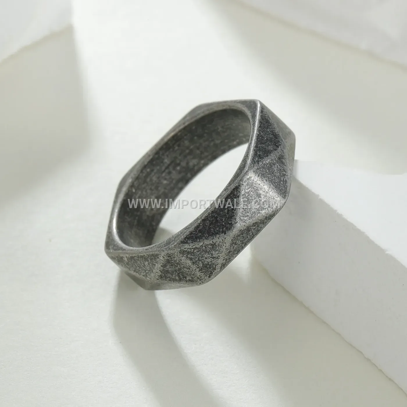 Geometric Cut Faceted Stainless Steel Vintage Silver Band Ring