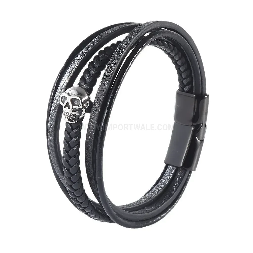 Punk Skull Black Leather Wristband with Stainless Steel Magnetic Clasp