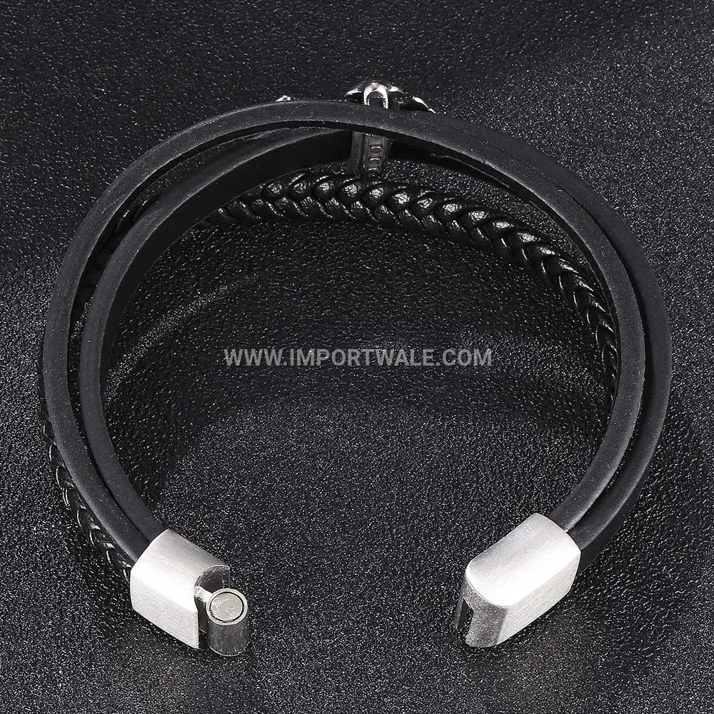 Braided Leather Multi Strand Bracelet with Stainless Steel Cross Clasp