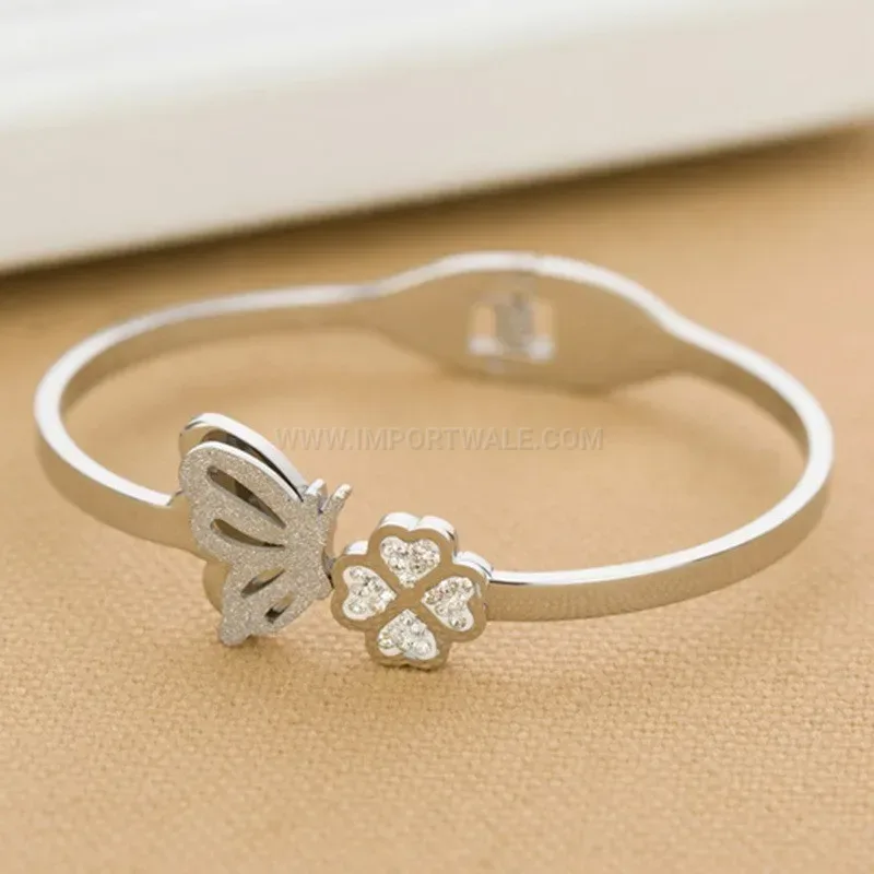 Modern Frosted Leaf and Clover Stainless Steel Open Bangle