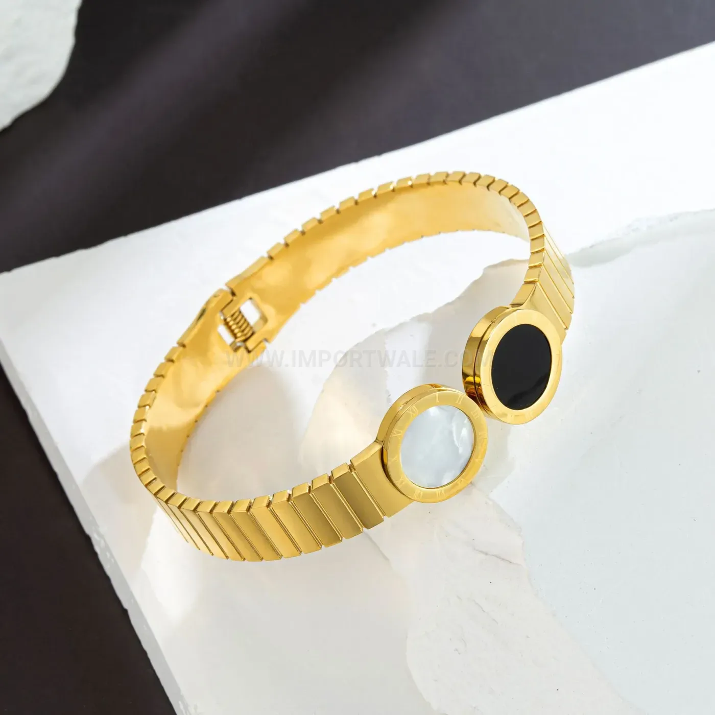 Modern Chunky Titanium Steel Spring Bangle with Black Round Medallion