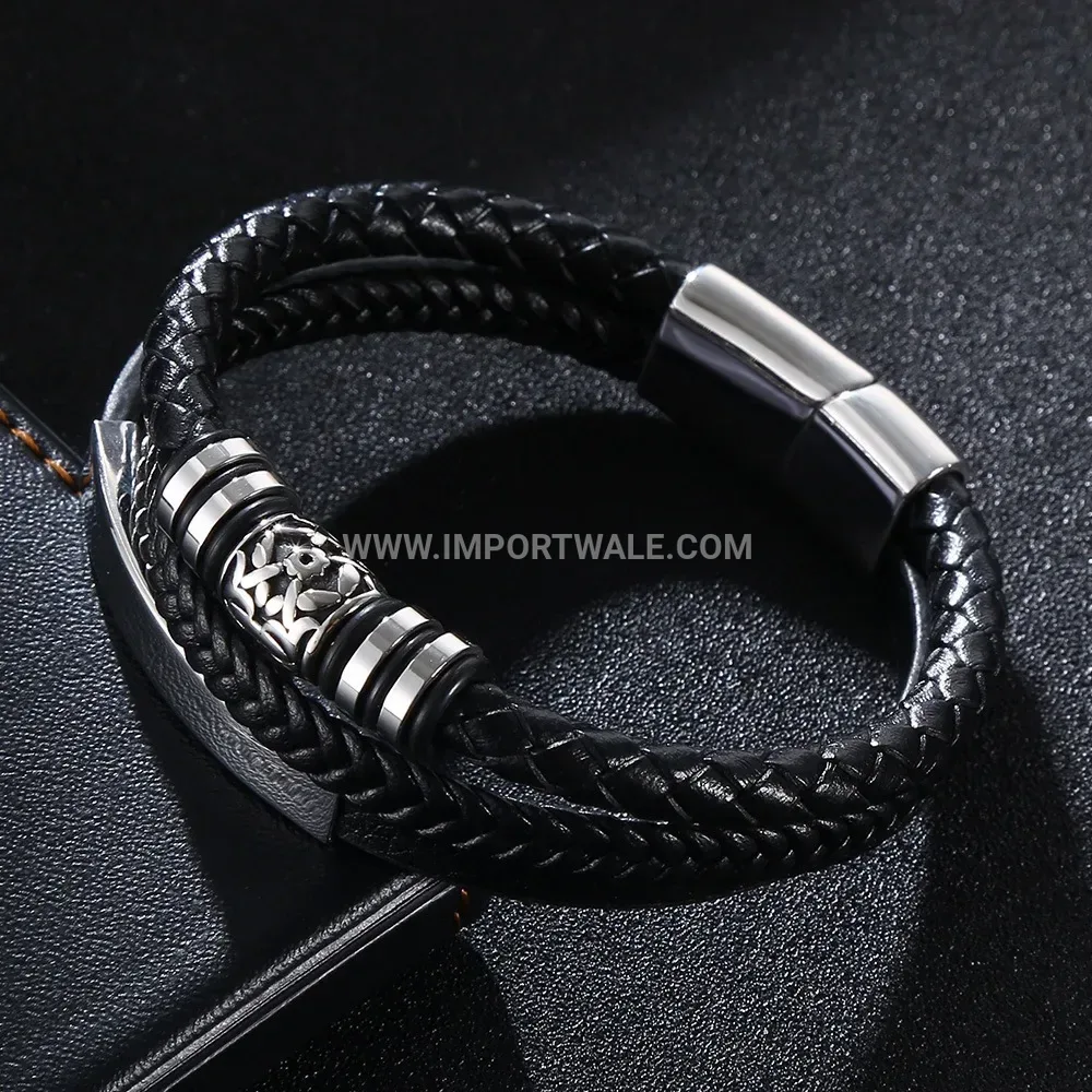Multi Layer Braided Leather Wristband with Stainless Steel Accents
