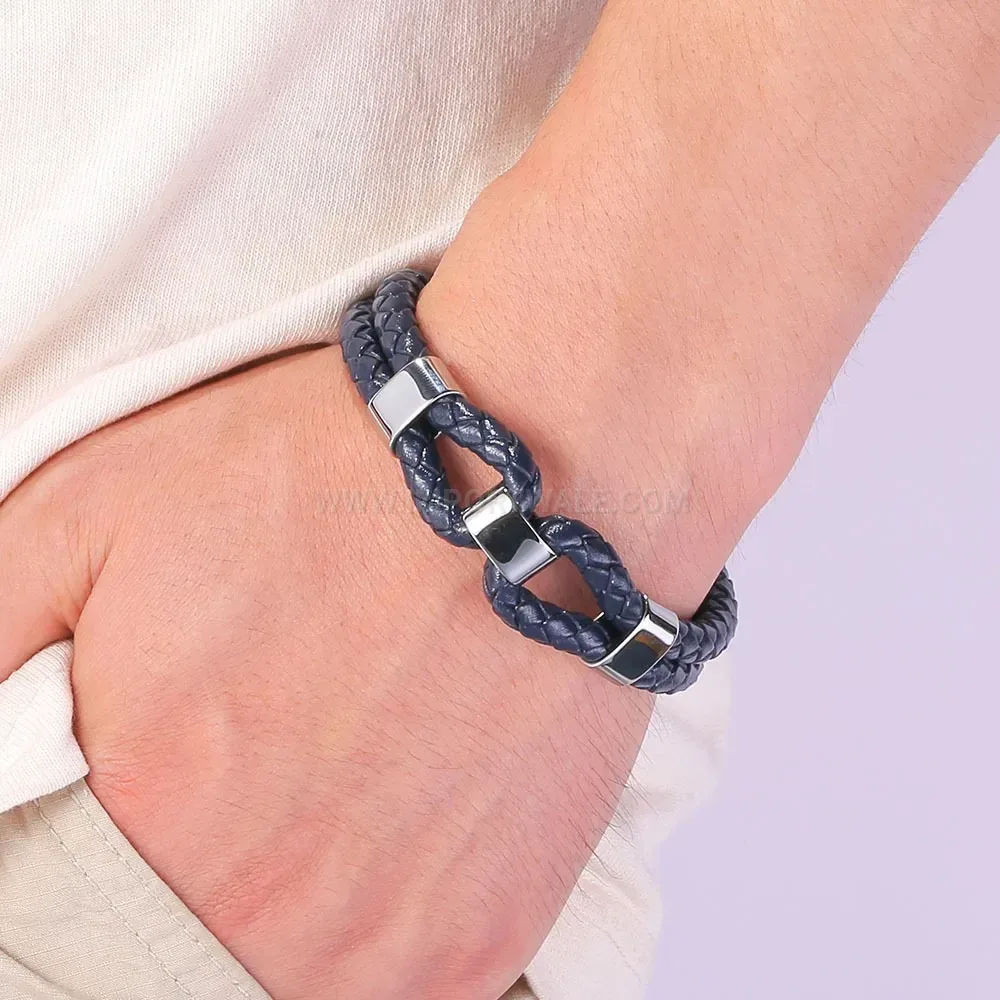 Double Strand Braided Leather Stainless Steel Men's Bracelet