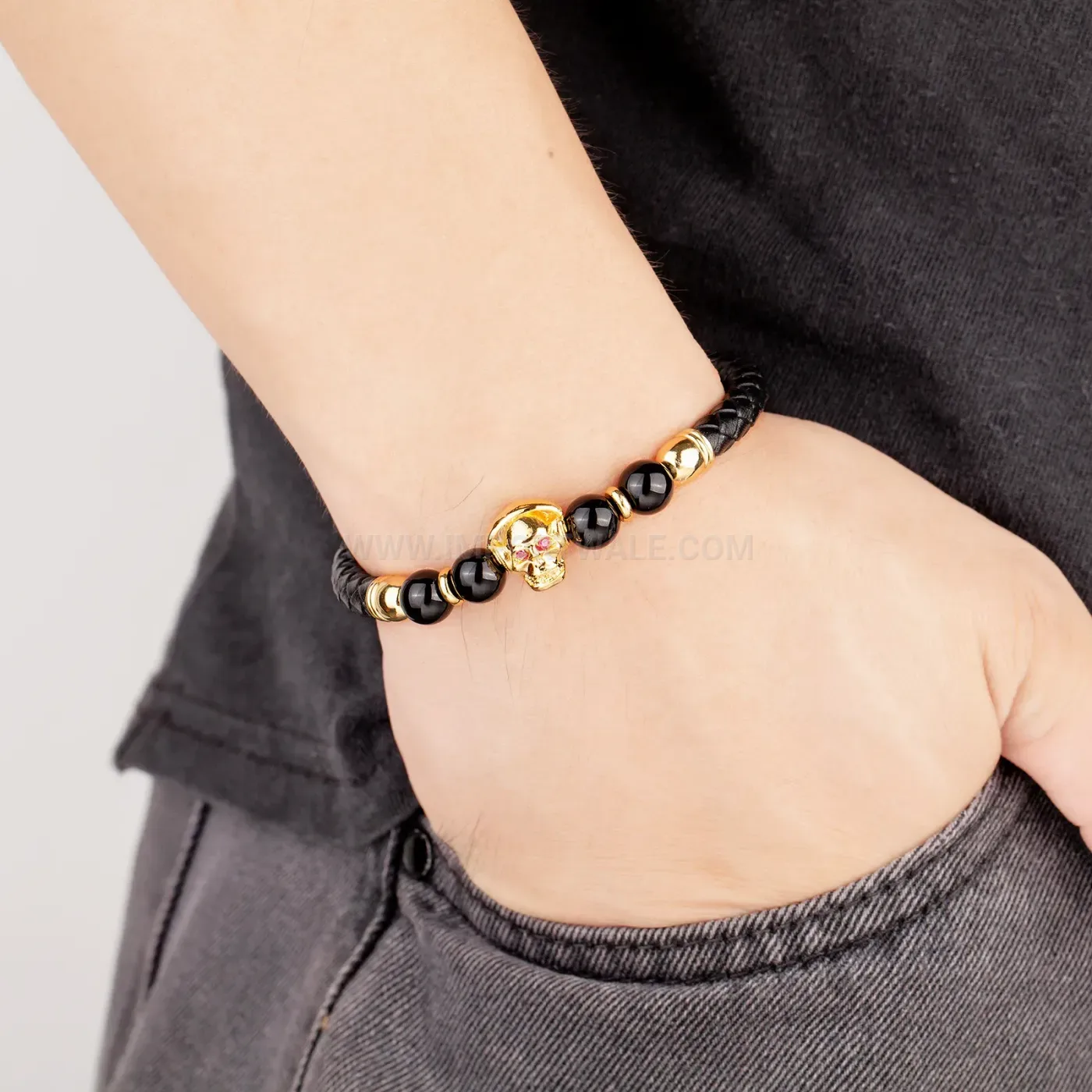 Punk Skull Stainless Steel Clasp Braided Leather Stone Bracelet