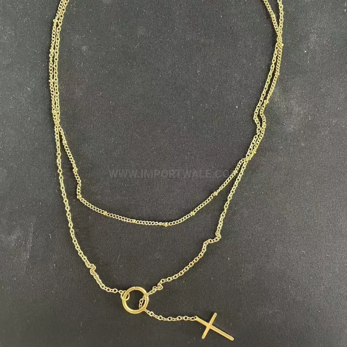 Layered Stainless Steel Cross Pendant Bead Chain Necklace